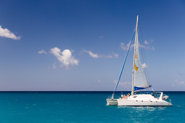 Catamaran cruising at sea in Barbados