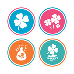 Saint Patrick day icons. Money bag with clovers and coins sign. Symbol of good luck. Colored circle buttons. Vector