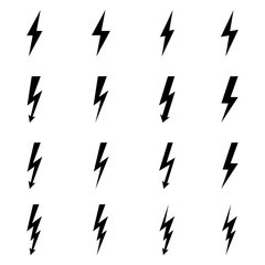 Set of icons representing lightning bolt, lightning strike or thunderstorm. Suitable for voltage, electricity and power signs. Vector Illustration