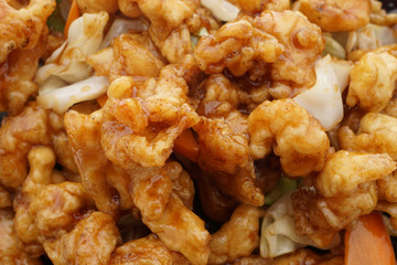 Chinese food. Chichen in soya sauce and vegetables