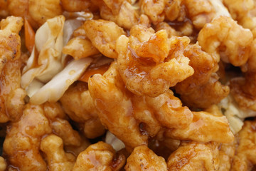 Chinese food. Chichen in soya sauce and vegetables