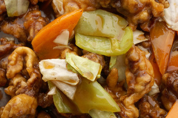 Chinese food. Veal in soya sauce and vegetables