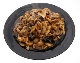 Chicken with black and white mushrooms and bamboo shoots