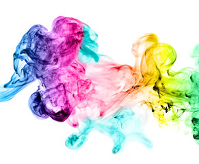 Multicolored jetstream ink in water on a white background