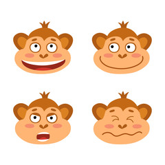 Vector set with monkey emotion faces. Cute little monkeys.