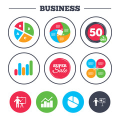 Business pie chart. Growth graph. Diagram graph Pie chart icon. Presentation billboard symbol. Man standing with pointer sign. Super sale and discount buttons. Vector