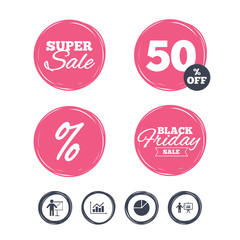 Super sale and black friday stickers. Diagram graph Pie chart icon. Presentation billboard symbol. Supply and demand. Man standing with pointer. Shopping labels. Vector