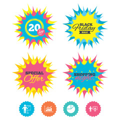 Shopping night, black friday stickers. Diagram graph Pie chart icon. Presentation billboard symbol. Supply and demand. Man standing with pointer. Special offer. Vector