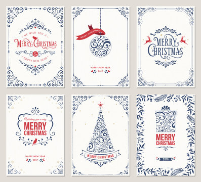 Ornate vertical winter holidays greeting cards with New Year tree, gift box, Christmas ornaments and typographic design.