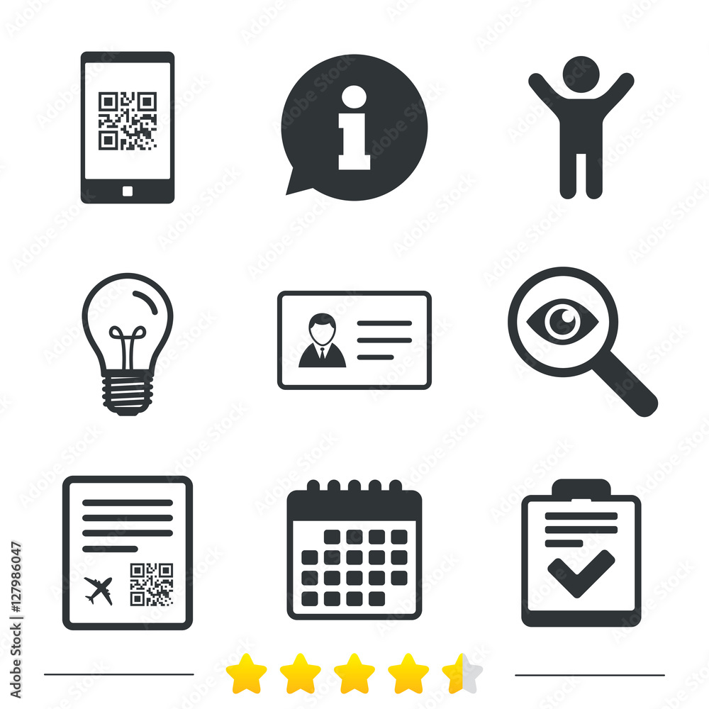 Poster qr scan code in smartphone icon. boarding pass flight sign. id card badge symbol. check or tick sign