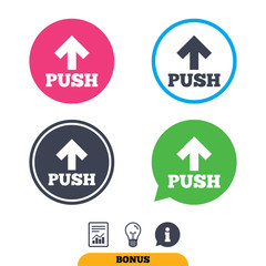 Push action sign icon. Press arrow symbol Report document, information sign and light bulb icons. Vector