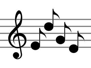 Treble clef, notes and staff on the white background
