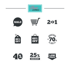 Sale discounts icon. Shopping cart, coupon and low price signs. 25, 40 and 60 percent off. Special offer symbols. Black flat icons. Classic design. Vector