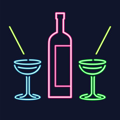 Neon cocktail glasses and bottle.