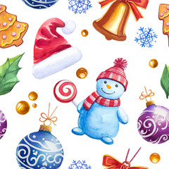 Christmas seamless pattern. Watercolor illustrations.