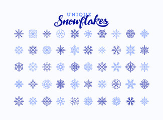 50 Snowflakes for Merry Christmas retro vintage hipster set of monogram frames borders and icons in flat line style design. Ideal for greeting card and xmas print poster. EPS10 vector file.