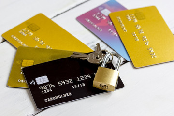Credit cards with lock close up - online shopping