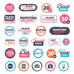 Obraz premium Sale shopping stickers and banners. Sale speech bubble icon. Black friday gift box symbol. Big sale shopping bag. Discount percent sign. Website badges. Black friday. Vector
