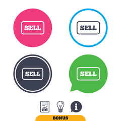 Sell sign icon. Contributor earnings button. Report document, information sign and light bulb icons. Vector