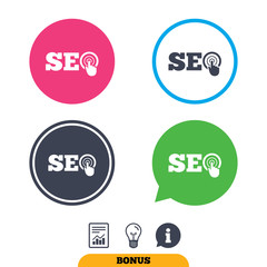 SEO sign icon. Search Engine Optimization symbol. Report document, information sign and light bulb icons. Vector