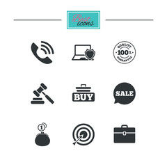 Online shopping, e-commerce and business icons. Auction, phone call and sale signs. Cash money, case and target symbols. Black flat icons. Classic design. Vector