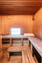 Interior Of Sauna. Wooden Walls And Shelves.