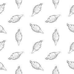 Seamless pattern of vintage hand drawn balls and toys. Christmas and New Year design elements