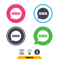 SMS speech bubble icon. Information message symbol. Report document, information sign and light bulb icons. Vector
