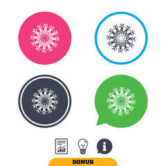 Snowflake artistic sign icon. Christmas and New year winter symbol. Air conditioning symbol. Report document, information sign and light bulb icons. Vector