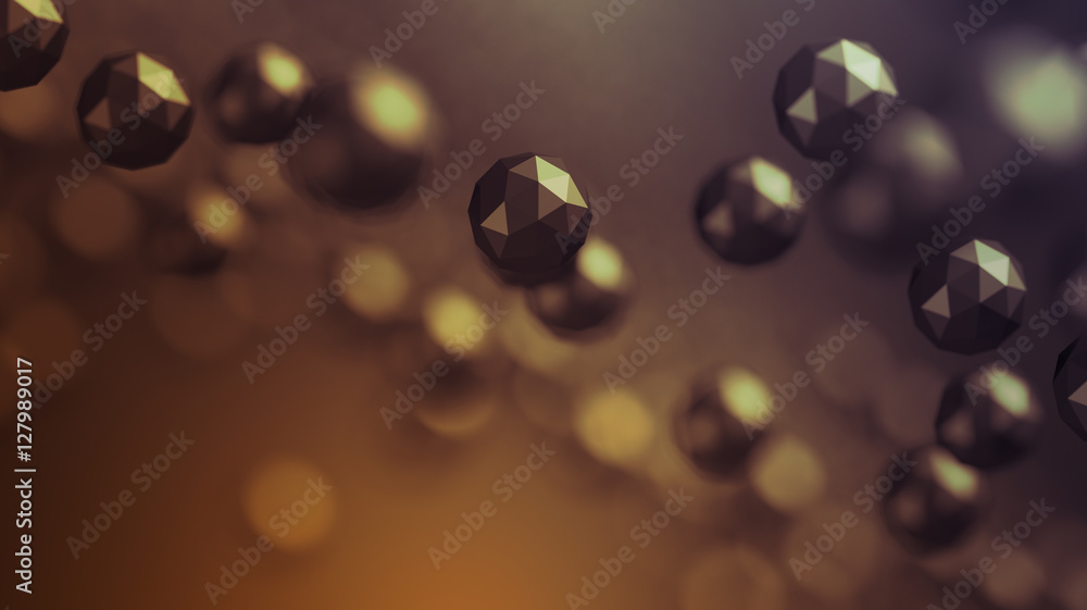 Poster abstract 3d rendering of chaotic low poly particles. flying polygonal spheres in empty space. futuri