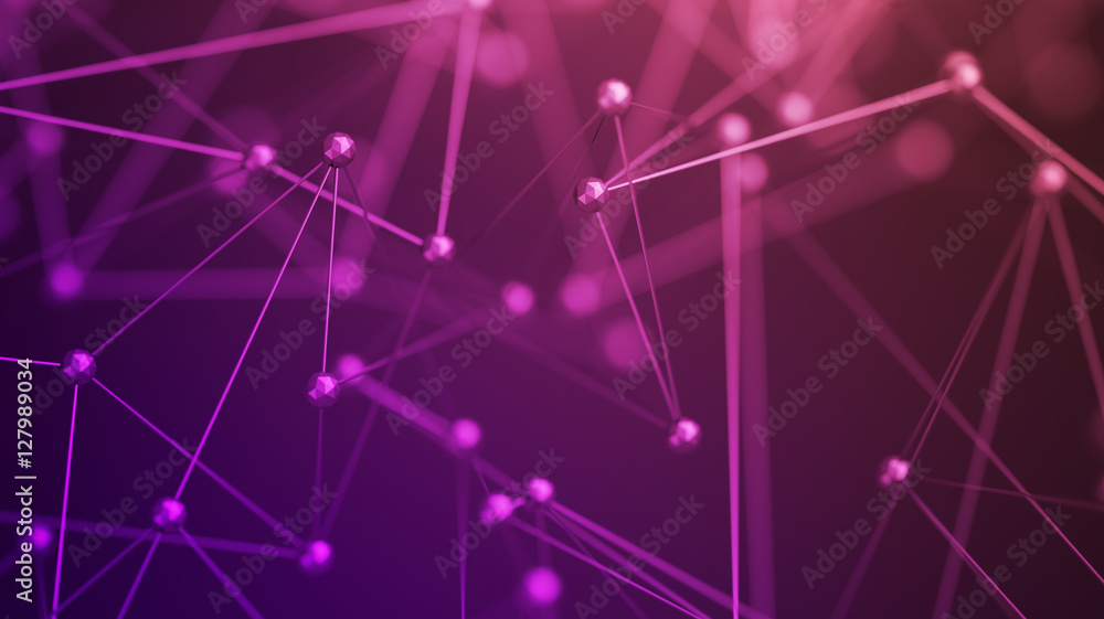 Poster abstract 3d rendering of chaotic structure. plexus background with lines and polygonal spheres in em