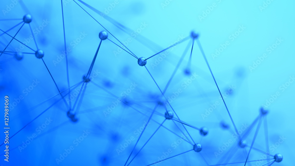 Aufkleber abstract 3d rendering of chaotic structure. plexus background with lines and polygonal spheres in em