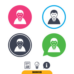 User sign icon. Person symbol. Human in suit avatar. Report document, information sign and light bulb icons. Vector