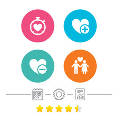 Valentine day love icons. Love heart timer symbol. Couple lovers sign. Add new love relationship. Calendar, cogwheel and report linear icons. Star vote ranking. Vector