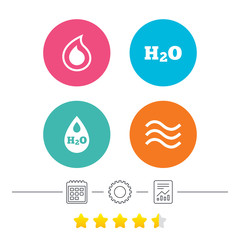 H2O Water drop icons. Tear or Oil drop symbols. Calendar, cogwheel and report linear icons. Star vote ranking. Vector