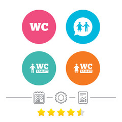 WC Toilet icons. Gents and ladies room signs. Man and woman speech bubble symbol. Calendar, cogwheel and report linear icons. Star vote ranking. Vector