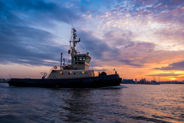 Fototapeta premium Tugboat is sailing during a beautiful sunset in port. Colorful clouds at the background.