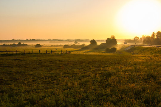 Early morning and foggy sunrise at countryside