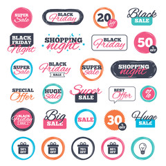 Sale shopping stickers and banners. Sale gift box tag icons. Discount special offer symbols. 50%, 60%, 70% and 80% percent off signs. Website badges. Black friday. Vector