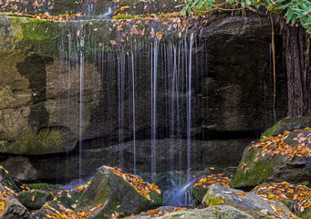 Water cascades over mossy rocks in The Smokies.