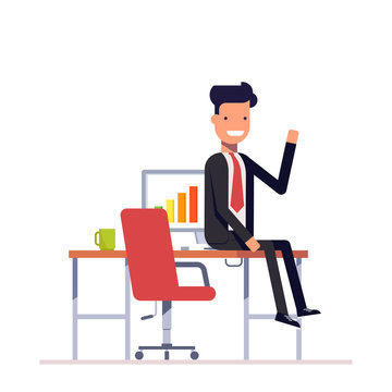 Lazy businessman or manager sitting at the table. Man in a business suit smiling and waving. Vector, illustration EPS10.