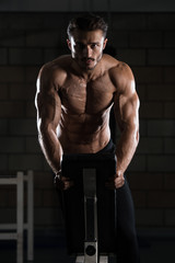 Fototapeta na wymiar Bodybuilder Exercising Push Ups On Bench