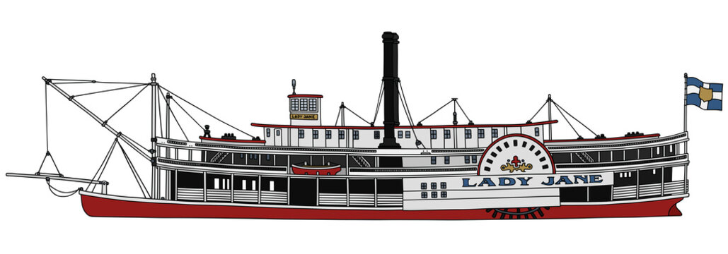 Hand drawing of a classic steam paddle riverboat