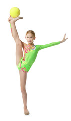 Young girl doing gymnastics with ball, isolated on white