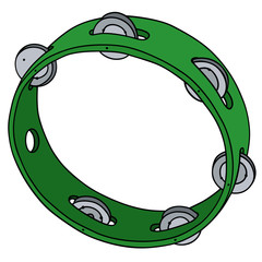 Hand drawing of a classic green plastic tambourine - obrazy, fototapety, plakaty
