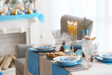 Beautiful table setting for Hanukkah, closeup