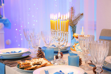 Beautiful table setting for Hanukkah in living room