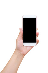Hand holding smart phone isolated on white background