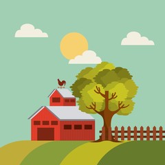 Obraz na płótnie Canvas red barn on farm landscape. colorful design. vector illustration