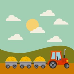 red tractor carrying corn in wagons on farm landscape. colorful design. vector illustration